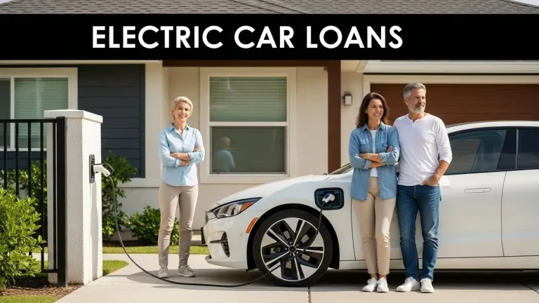 A modern electric car parked in front of a clean American suburban home, daytime scene, EV charging cable connected to a wall charger, confident middle-class American couple standing beside the car, casual modern clothing, trustworthy financial mood, soft natural sunlight, realistic photography style, ultra-high resolution, sharp focus, clean background, bold readable text “ELECTRIC CAR LOANS” centered at the top, modern sans-serif font, high contrast color, no logos, no brand names, no watermark, professional blog featured image.